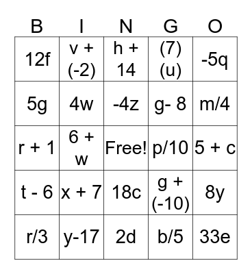 Algebra Bingo Card