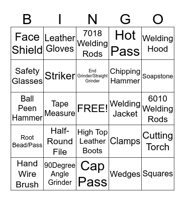 Welder Tools/Safety PPE Bingo Card