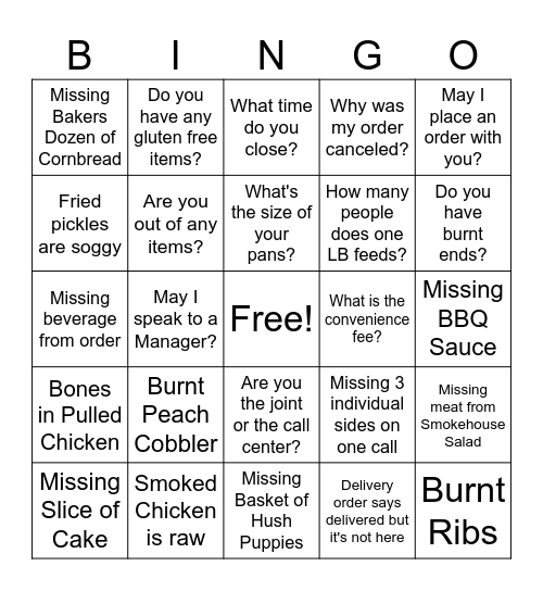 City BBQ Guest Recovery Bingo Card