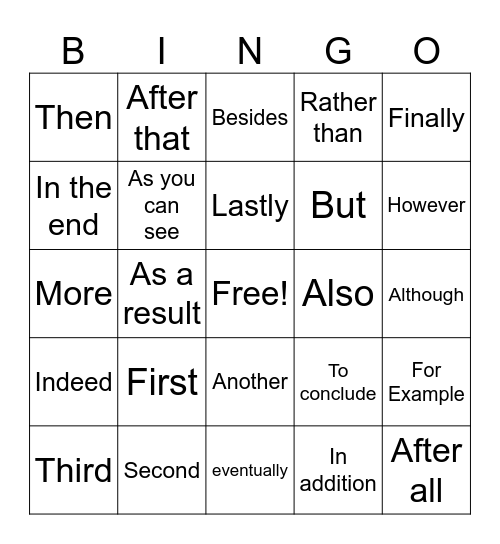 Linking Word Bingo Card