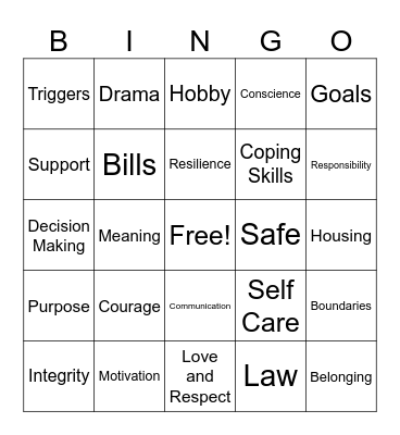 Recovery Bingo Card