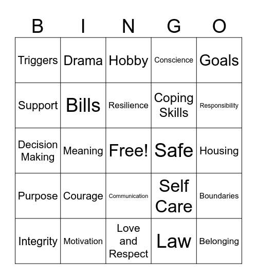 Recovery Bingo Card