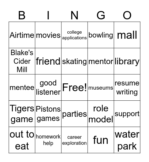 Mentoring Bingo Card