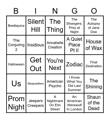 Horror Movies Bingo Card