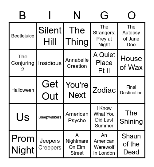 Horror Movies Bingo Card