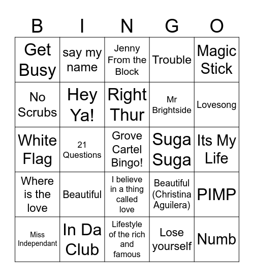 Throwback Songs Bingo Card