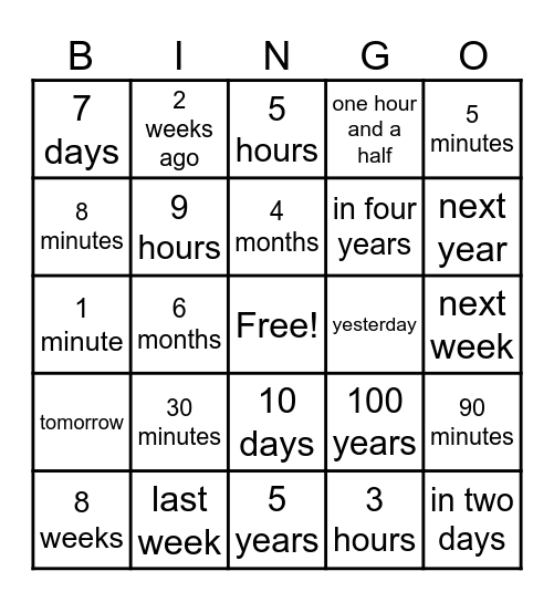 Telling Time: ASL Bingo Card