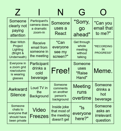 Zingo (AKA Zoom Bingo) Bingo Card