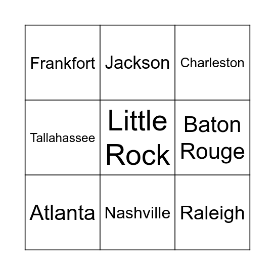 Southeast States and Capitals Bingo Card