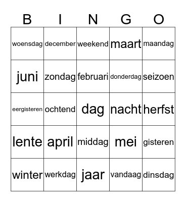 maanden, dagen Bingo Card