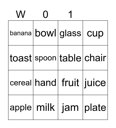 Breakfast Words Bingo Card