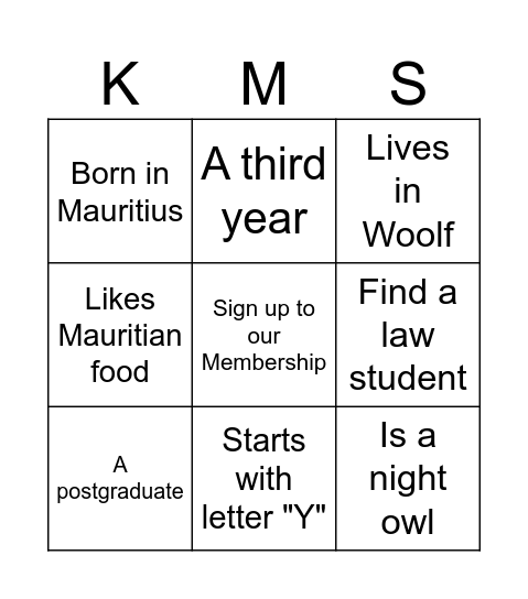 Kent Mauritian Society Bingo Card