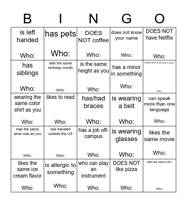 Find Someone Who......  Bingo Card