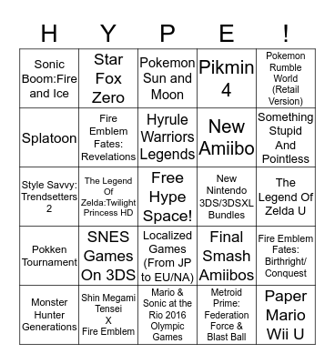 Nintendo Direct 3/3/16 Bingo Card