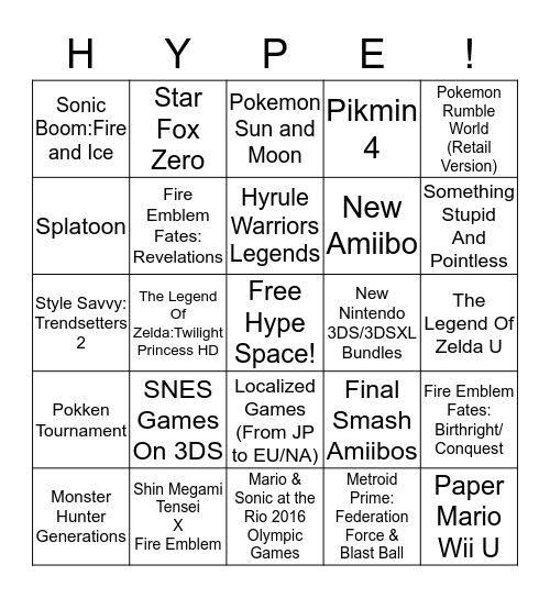 Nintendo Direct 3/3/16 Bingo Card