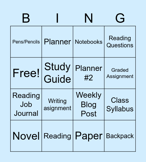 Tessa's Materials Bingo Card