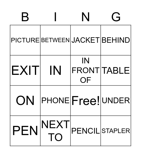 OBJECTS/PREPOSITIONS BINGO Card