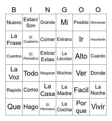Spanish Quiz 1 Bingo Card
