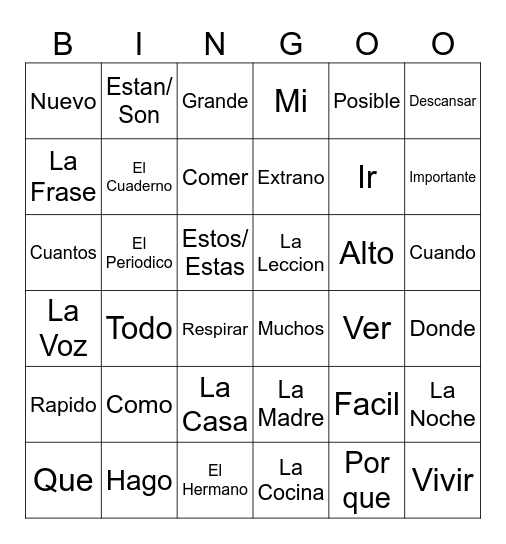 Spanish Quiz 1 Bingo Card