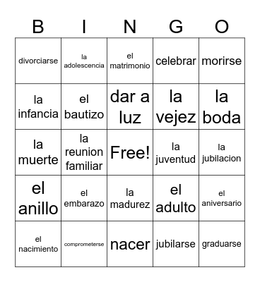 Stages and Events of Life Bingo Card