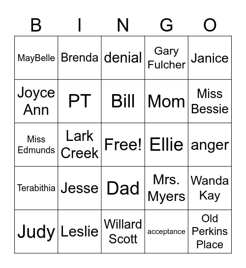 Bridge to TerabithiaGary Bingo Card