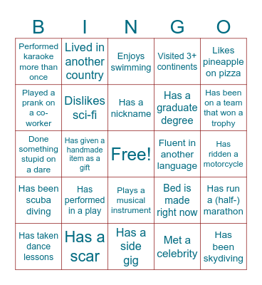 Getting to know you Bingo Card