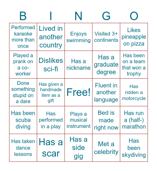 Getting to know you Bingo Card