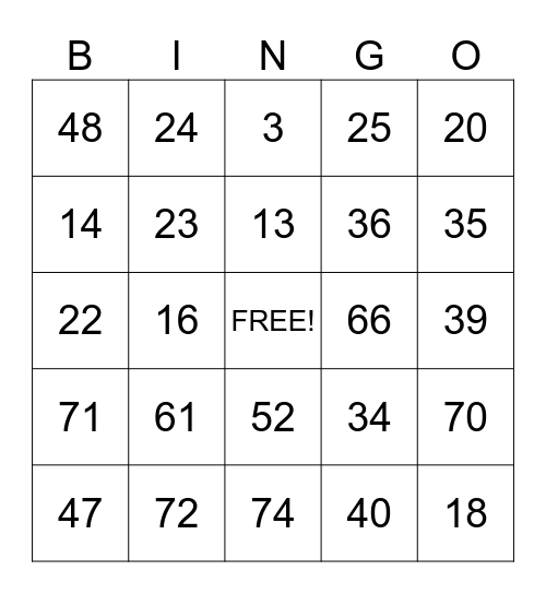 1-75 Bingo Card