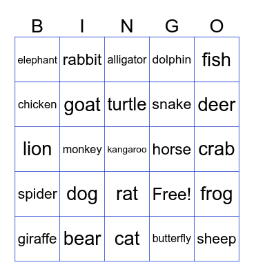 ANIMALS Bingo Card