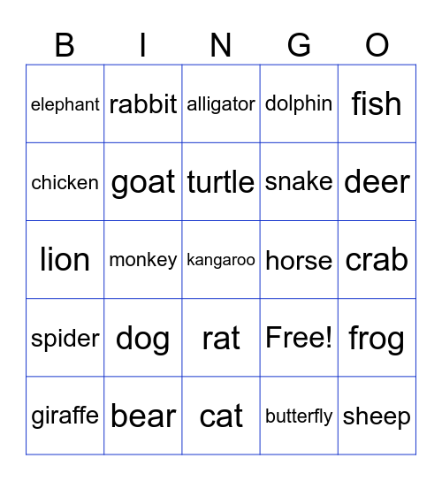 ANIMALS Bingo Card