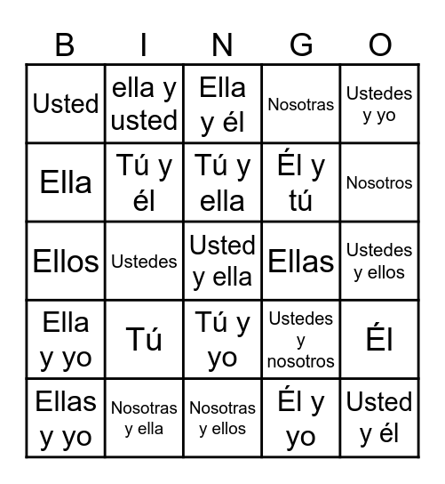 Spanish Subject Pronouns Bingo Card