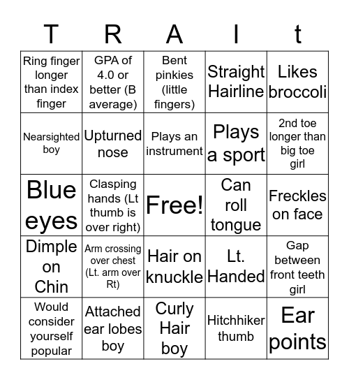 Traits Bingo Card