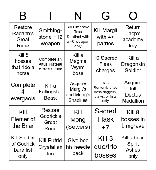 elden ring Bingo Card