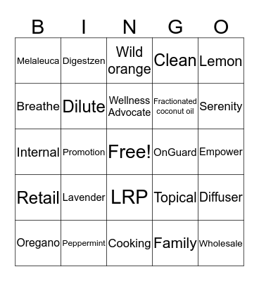 Essential Oils 101 Bingo Card