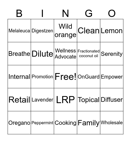 Essential Oils 101 Bingo Card