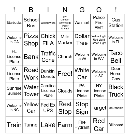 Roadtrip Bingo Card