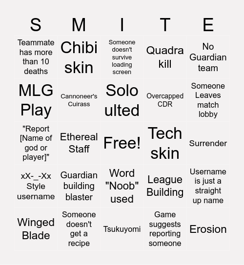 Night of Smite 3.0 Bingo Card