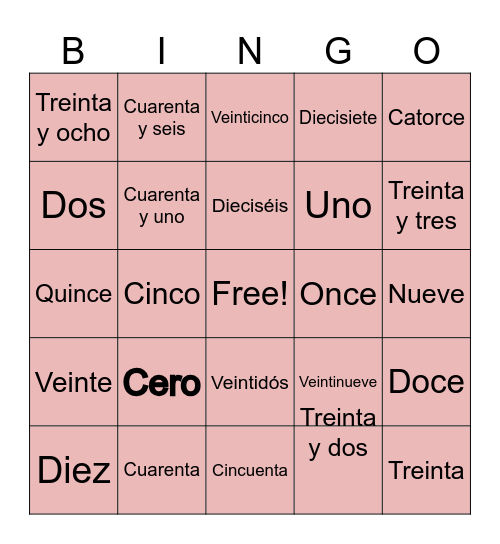 Numbers 1-50 in español Bingo Card