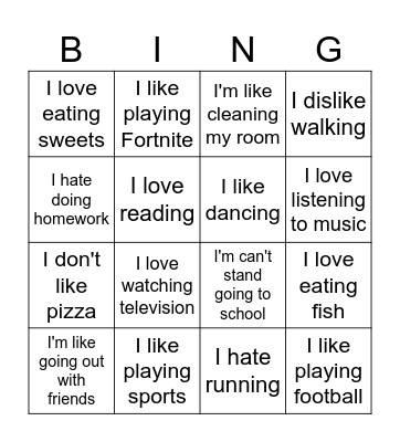 Likes and dislikes Bingo Card