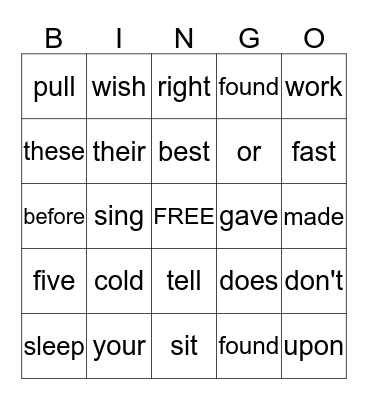 Sight Word Bingo Card
