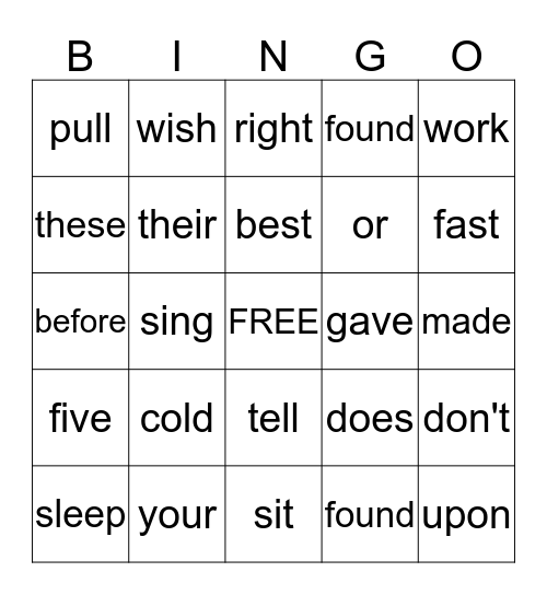 Sight Word Bingo Card