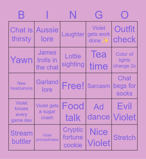 Violet's Streams Bingo Card