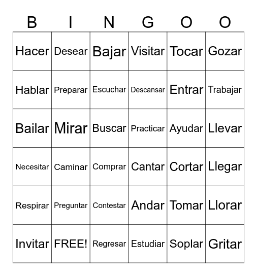 Spanish 1 AR Verbs - Lessons 1-4 Bingo Card