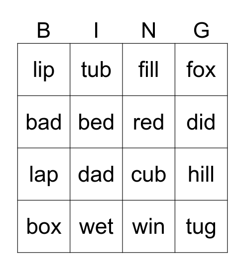 CVC words Bingo Card
