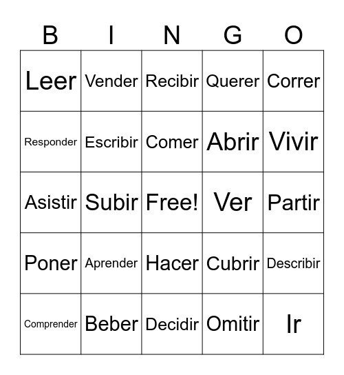 Spanish 1 ER & IR Verbs - Lessons 1-4 Bingo Card