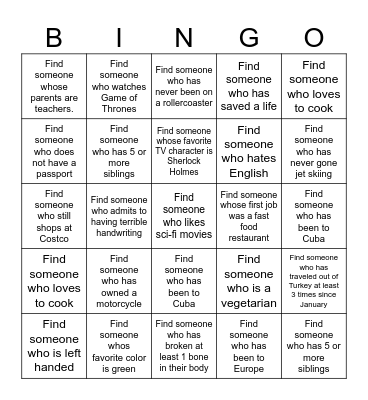 GET TO KNOW YOU Bingo Card