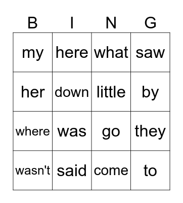Sight Words Bingo Card