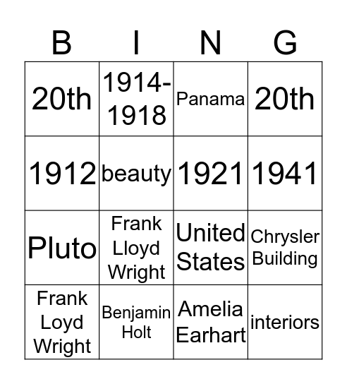 MODERNISM 1900-1950 Bingo Card