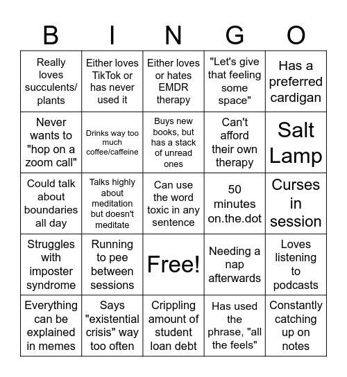 Therapist Tango Bingo Card