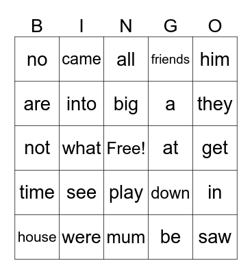 Sight Words Bingo Card